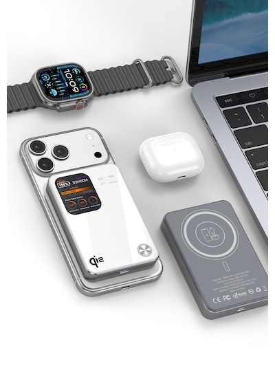 10.000 Mah Magsafe Hızlı Şarj Qı2/pd 20w Tft Ekranlı Powerbank Premium Serisi Beyaz