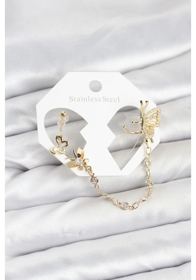 Mey İthalat Kelebekli Model Pirinç Gold Renk Zincir Bağlantılı Ear Cuff Küpe Seti Diğer