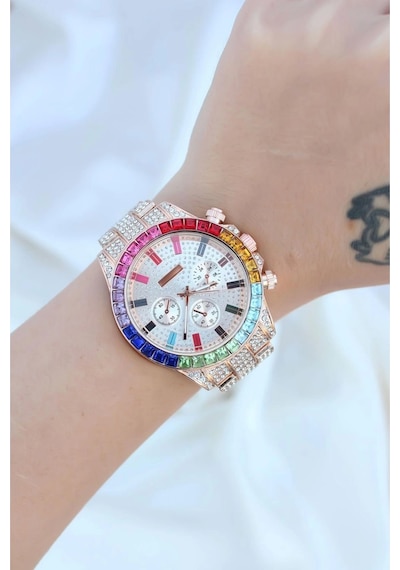 Clariss Trend Rose Metal Kordonlu Zirkon Taş Kaplama Renkli Taşlı Kasa Tasarımlı Lüx Kadın Kol Saati Diğer