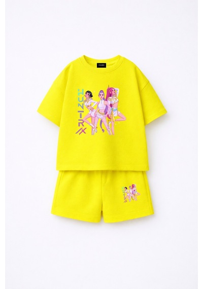 Fasardi Kpop Demon Hunters Huntrix Zoey Rumi Mira Baskılı Oversize %100 Pamuk Tişört Şort Çocuk Takım Sarı