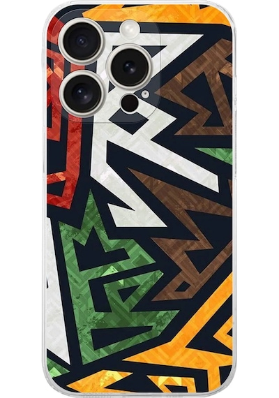 Apple Uyumlu iPhone 15 Pro Kamera Korumalı Soyut Grafiti Tasarımlı Şeffaf Silikon Kılıf
