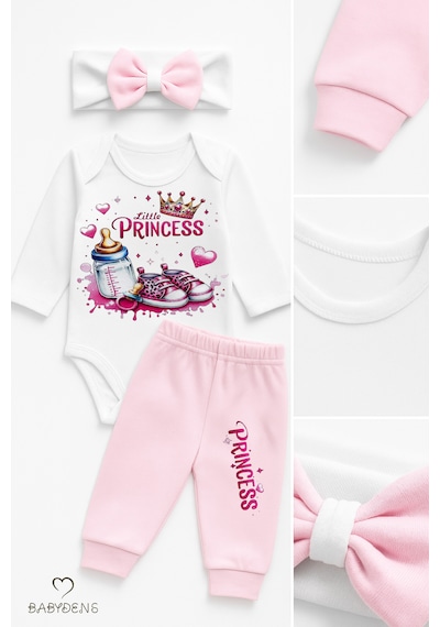 Babyden's Little Princess 3 Lü Kız Bebek Takımı Uzun Kollu Pamuklu Body,pembe Pantolon Ve Fiyonk Bandana Seti Pembe