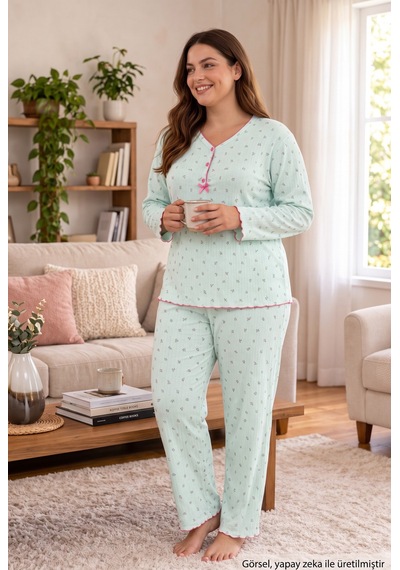 Seboteks Raporlu İnterlok Kumaş Yakası Düğmeli Kışlık Büyük Beden Kadın Pijama Takımı 2950 Yeşil