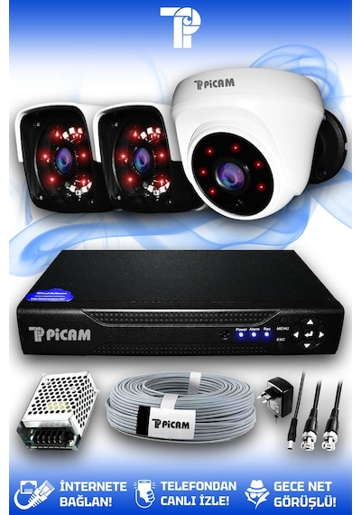 Picam 3 Kameralı Panda 1 İç Kamera Set HDD'siz Full HD Gece Görüşlü Güvenlik Kamerası Sistemi