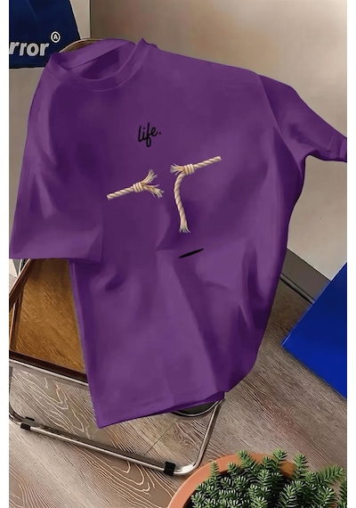 Life Design Minimalist İllüstrasyon Baskılı Unisex Oversize Tişört Mor