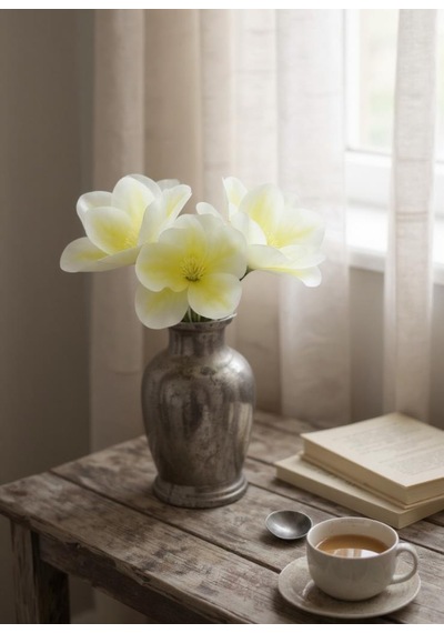 Yapay Çiçek 3dallı Buket Manolya Gerçek Dokulu Magnolia 32cm Krem Krem