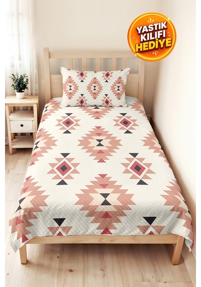 Etnik Geometrik Pudra Genç Odası Tek Kişilik Pike Takımı - Bohem Antrasit 160x220 Cm Yatak Örtüsü Ekru