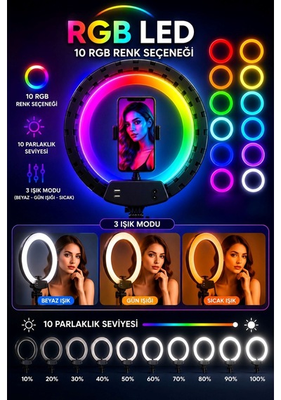 21 İnç Rgb Led Halka Işık, 3 Telefon Tutuculu, Uzaktan Kumandalı, Tiktok Youtube Makyaj Ring Light