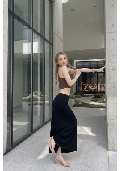 Unika Boutique Renkli Cizgi Desenli Uzun Bürümcük Kloş Etek siyah