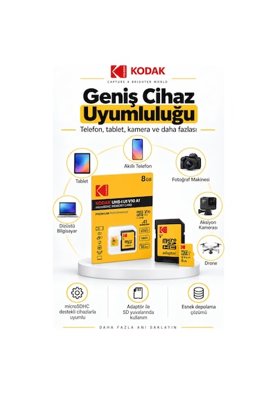 8gb Microsdhc Hafıza Kartı Uhs-ı U1 V10 A1 85 Mb/s Full Hd Destekli Sd Adaptörlü