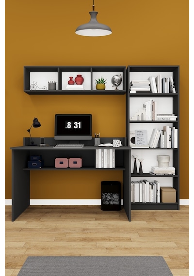 Asra Trend Çalışma Masası Seti ÇMT001 %100 MDF Kitaplıklı Raflı Ofis Takımı Antrasit