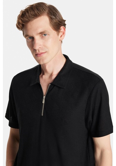 Tudors Erkek Slim Fit Dar Kesim Viskon Fermuarlı Polo Yaka Siyah Tişört-34358 SIYAH