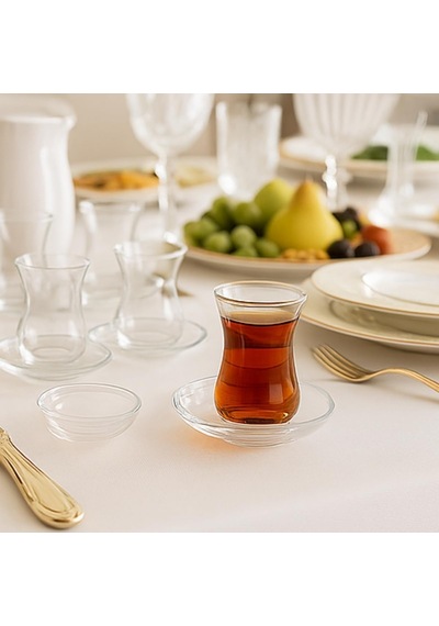 12 Parça Klasik Çay Seti 6 Çay Bardağı Ve 6 Çay Tabağı, Şeffaf Cam, 8 Cm Bardak, 10 Cm Tabak, Şık Ve Dayanıklı Tasarım çok renkli