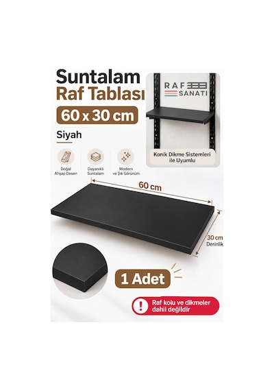 1 Adet - Suntalam Raf Tablası 60x30 Cm Siyah Ahşap Raf Konik Dikme Sistemleri İle Uyumlu