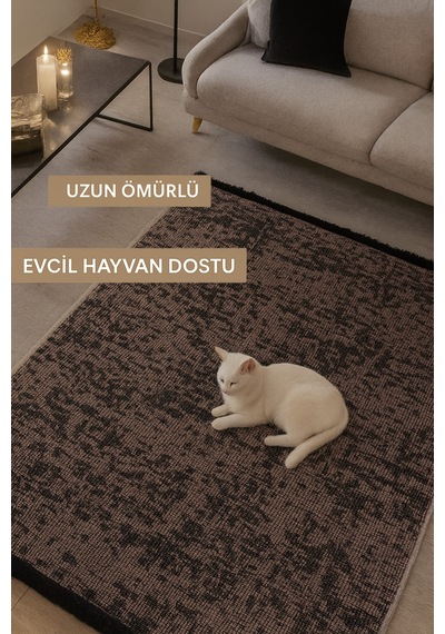 Badelya Home Bej Şönil Makinada Yıkanabilir Kaymaz Taban Saçaklı Pamuklu Halı Kilim Oturma Odası Salon