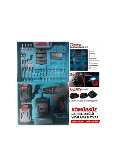 Catpower 1050 Kömürsüz Darbeli Şarjlı Matkap Vidalama 20v 2.0ah 55 Nm Brushless Çift Akülü 70 Parça