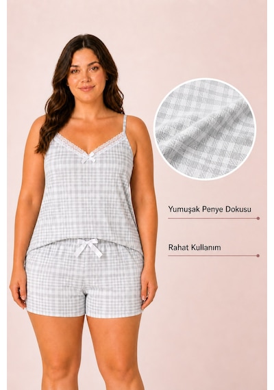 Bravie Kadın Büyük Beden İp Askılı Yakası Dantelli Ekose Desenli Gri Yazlık Pijama Takımı