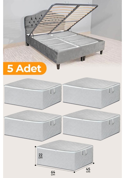 Serstil 5 Adet - Çekyat Baza Tipi Hurç - Baza Altı Büyük Boy Saklama Hurcu 64 X 45 X 22 Cm Gri