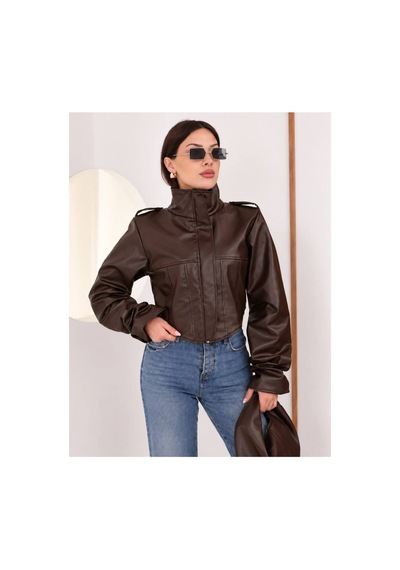 Moda Banuş Cup Detay Crop Kahverengi Deri Ceket