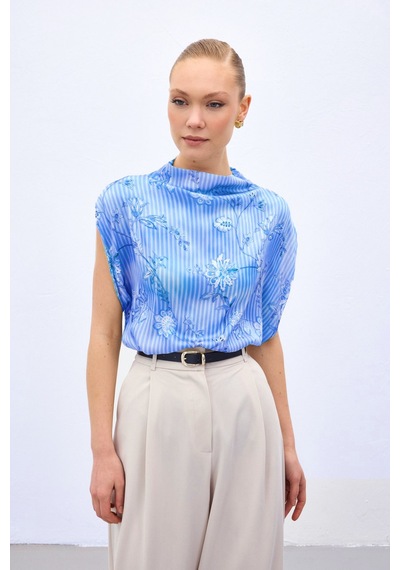 Sateen Kısa Kollu Desenli Bluz - Mavi-137043 Mavi