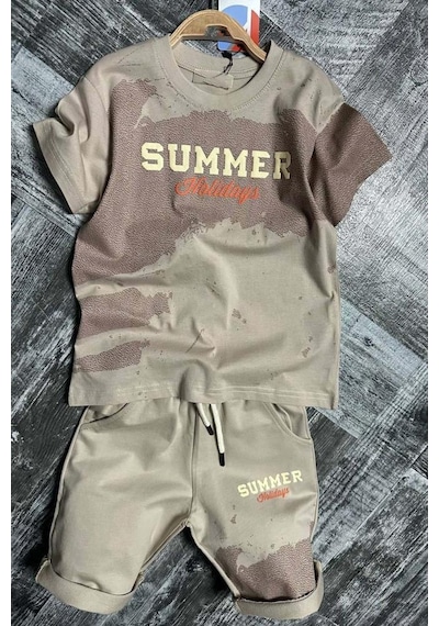 Riccotarz Erkek Çocuk Summer Yazı Baskılı Cep Ve İp Detaylı Bej Şortlu Takım Bej