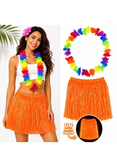 Neon Turuncu Hawaii Etek 40 Cm Ve Rengarenk Hawaii Kolye 5286