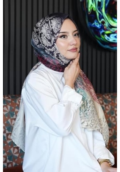 Dalgalı Desen Yeşil Soft Pamuk Şal Pudra Açik Gri