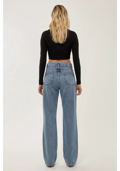 Hiccup Orta Bel Straight Leg Jean Koyu Mavi Denim