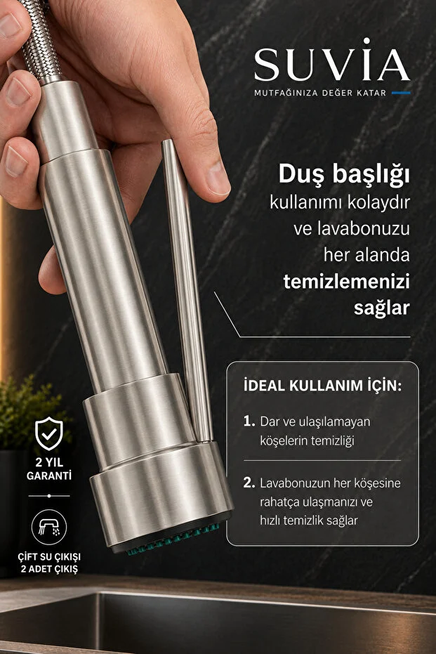 Endüstriyel Mutfak Bataryası Profesyonel Yaylı Spiralli Çift Su Çıkışlı Esnek Eviye Musluğu Inox