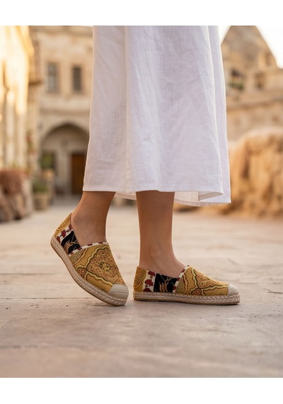 Futsishoes Vıola Sarı Hakiki Deri Kilim Desenli Kadın Etnik Desen Espadril Ayakkabı