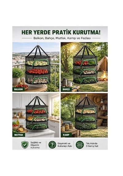 Sebze Meyve Kurutma Filesi Doğal Kurutma Sepeti 3 Katlı Fermuarlı Siyah