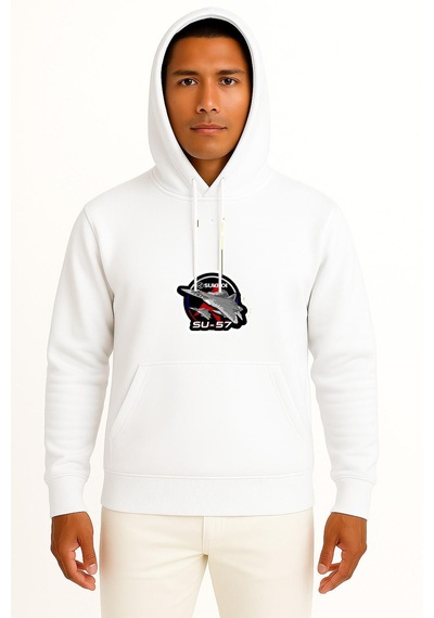 Bahriyeli Collection Kapüşonlu Sukhoi Su-57 Savaş Uçağı Göğüs Baskılı Unisex Sweatshirt Beyaz