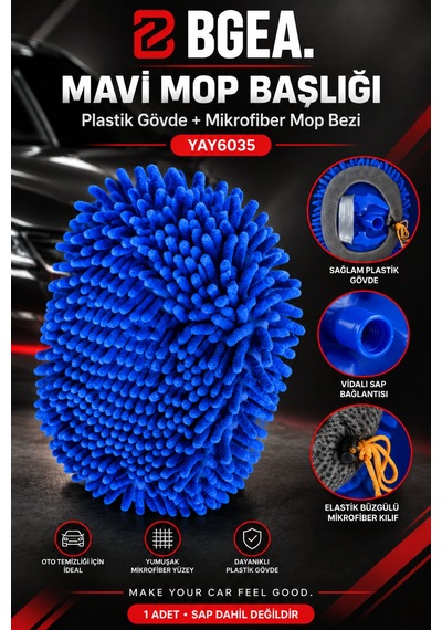 Bgea Mavi Mikrofiber Mop Başlığı Plastik Gövde Ve Mop Bezi