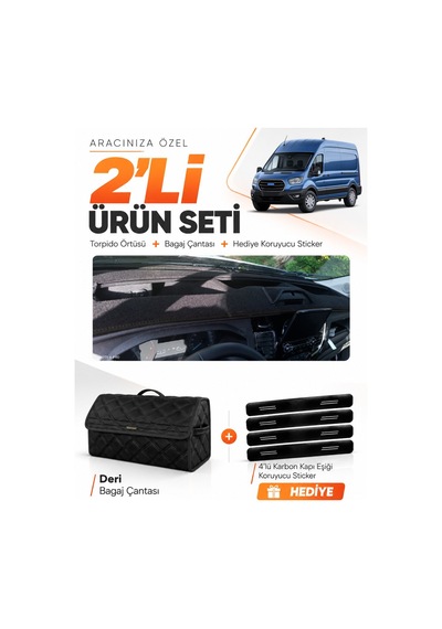 Ford Transit Tip 2 2020-2025 Uyumlu Torpido Örtüsü + Deri Bagaj Çantası + Sticker Seti - Siyah