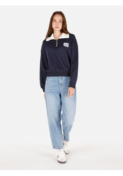 Colins Normal Kesim Fermuarlı Dik Yaka Baskılı Lacivert Kadın Sweatshirt Cl1069985 Lacivert