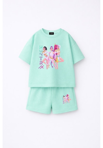 Fasardi Kpop Demon Hunters Huntrix Zoey Rumi Mira Baskılı Oversize %100 Pamuk Tişört Şort Çocuk Takım Su Yeşili