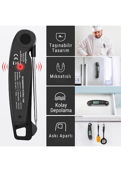Thermopro TP605B Katlanabilir Problu Profesyonel Gıda Pişirme Termometresi-Siyah
