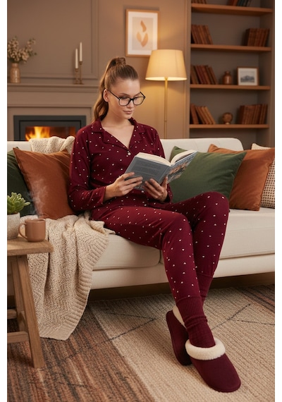 Lela Streç Standart Fit Düğmeli Bayan Pijama Takımı 60956601 Bordo