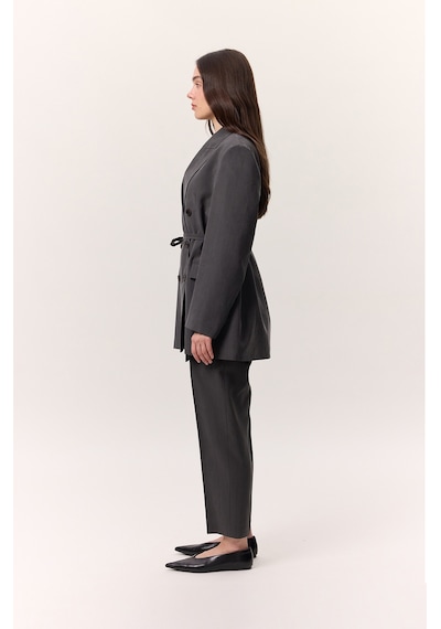 Manuka Tencel Kemerli Kruvaze Blazer Ceket Antrasit Antrasit