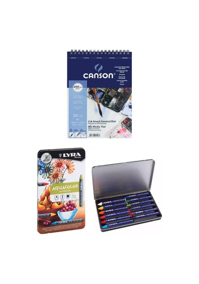 Canson Mix Media Pad Çok Amaçlı Resim Defteri A5 200 Gr 20 Sayfa Lyra Aquacolor Pastel Boya 12 Renk