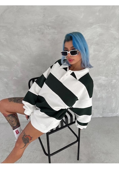 Mbb E-ticaret Kadın 3 İplik Pamuklu Parçalı Yakalı Sweatshirt - Yeşil