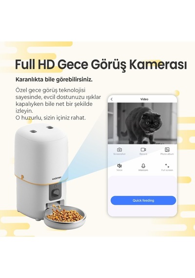 Pf05 Beyaz Kameralı 1080p Fhd Gece Görüş Akıllı Otomatik Kedi Mama Kabı, Tuya App-wifi Uzaktan Kontrol, Sesle Çağırma, 2.4ghz-5ghz, 4lt Hazne, Metal Kase