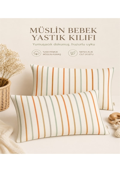 More Home Müslin Bebek Yastık Kılıfı 2 Adet 35x45 Çizgi Desenli Çok Renkli