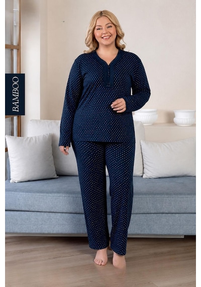 Derya Kadın Büyük Beden Dantel Yaka Bambu Uzun Kol İnce Pijama Takımı 8105l - 1 Adet Lacivert Derya Kadın Büyük Beden Dantel Yaka Bambu Uzun Kol İnce Pijama Takımı 8105l - 1 Adet Lacivert