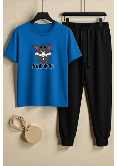 Uyguntarz Unisex Mood Baskılı Tasarım Tişört - 2'li Eşofman Takımı Mavi