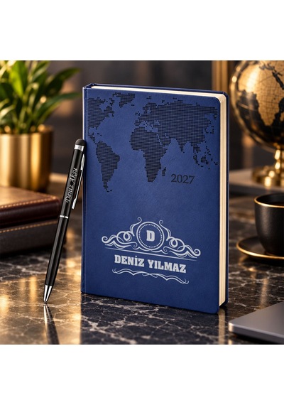 Bk Gift Kişiye Özel 378 Termo Deri Tarihli Ajanda & Siyah Touch Pen Tükenmez Kalem-14 Lacivert