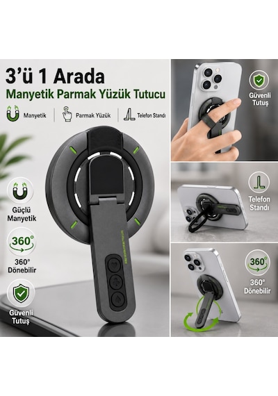Polham 3in1 Manyetik Telefon Tutucu 360 Döner Parmak Yüzük Ve Ayarlanabilir Telefon Standı, Ful Metal Stand Siyah