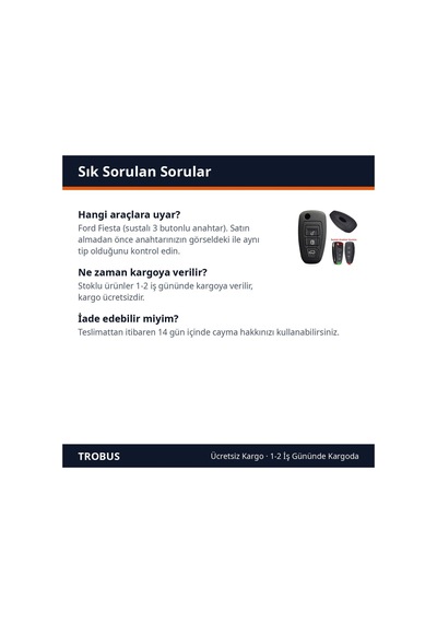 Trobus Ford Fiesta Uyumlu Katlanır Oto Anahtar Kılıfı Silikon Siyah
