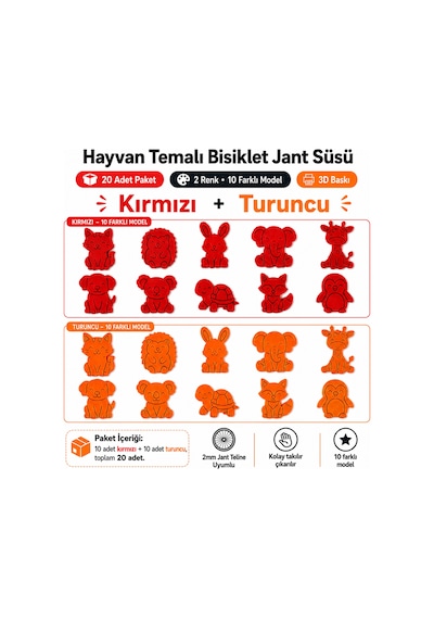 Hayvan Temalı Bisiklet Jant Süsü 20 Parça 2 Renk 10 Farklı Model Kırmızı-Turuncu
