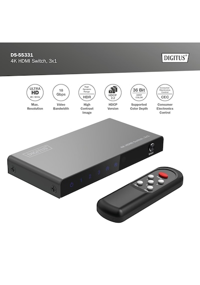 Digitus 3x1 Hdmı Switch, 4k/60hz Hdcp 2.2 Kumandalı Geçiş Kontrolü